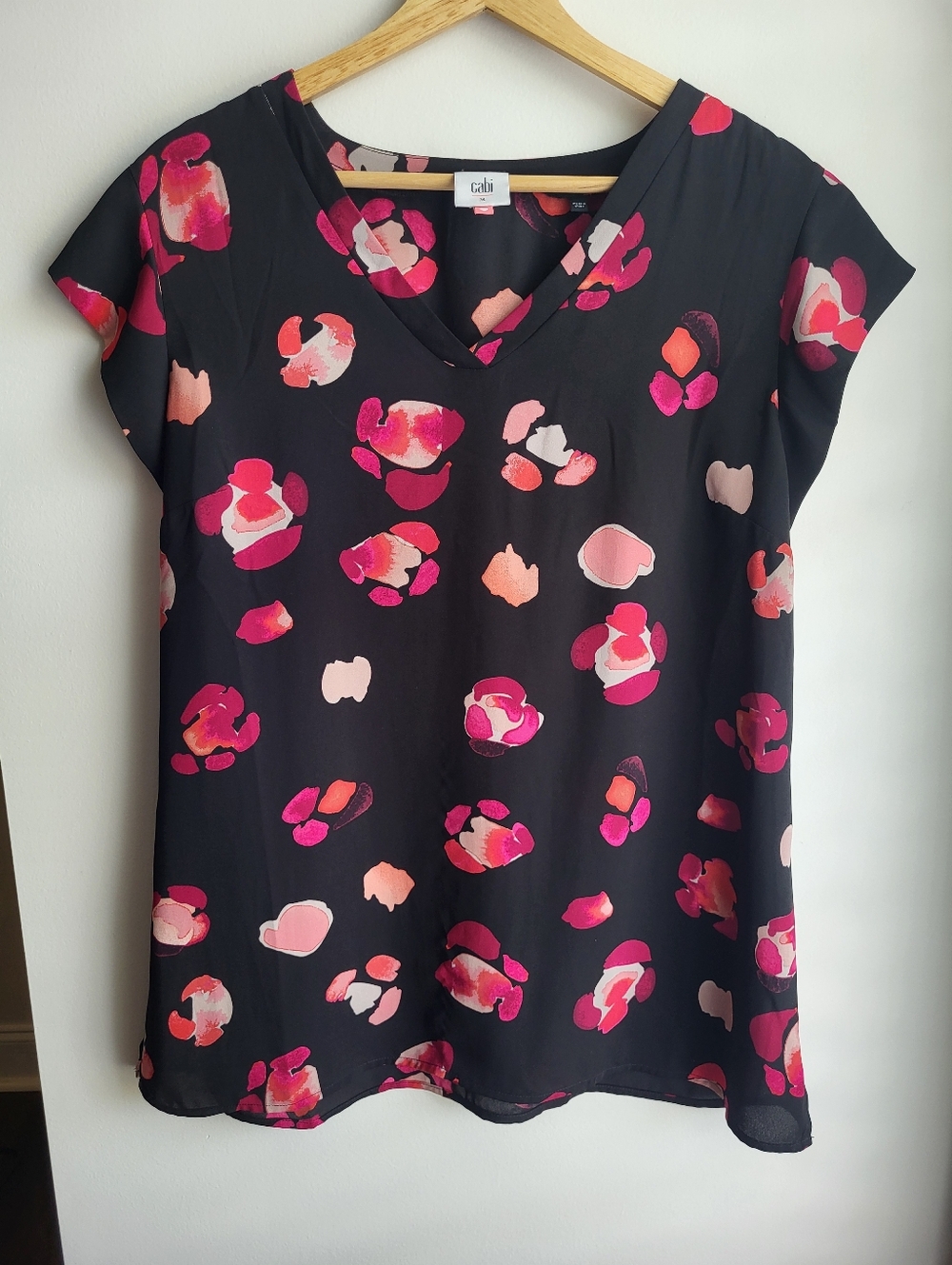 CAbi Black V-Neck Cap-Sleeve Top with Pink Floral Spots
